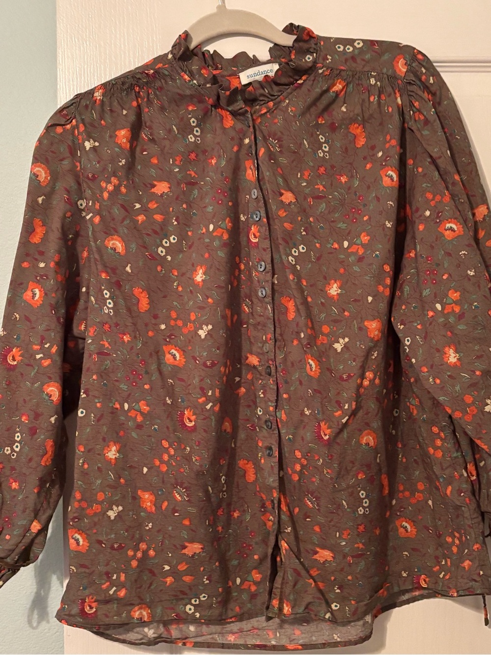 Sundance Brown Blouse with Orange Floral Accents